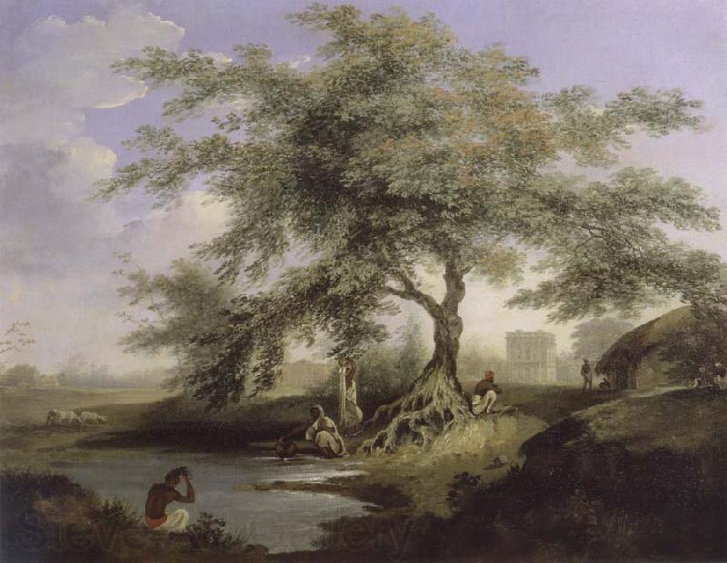 unknow artist Natives Drawing Water form a pond with Warren Hastings-House at Alipur in the Distance Norge oil painting art